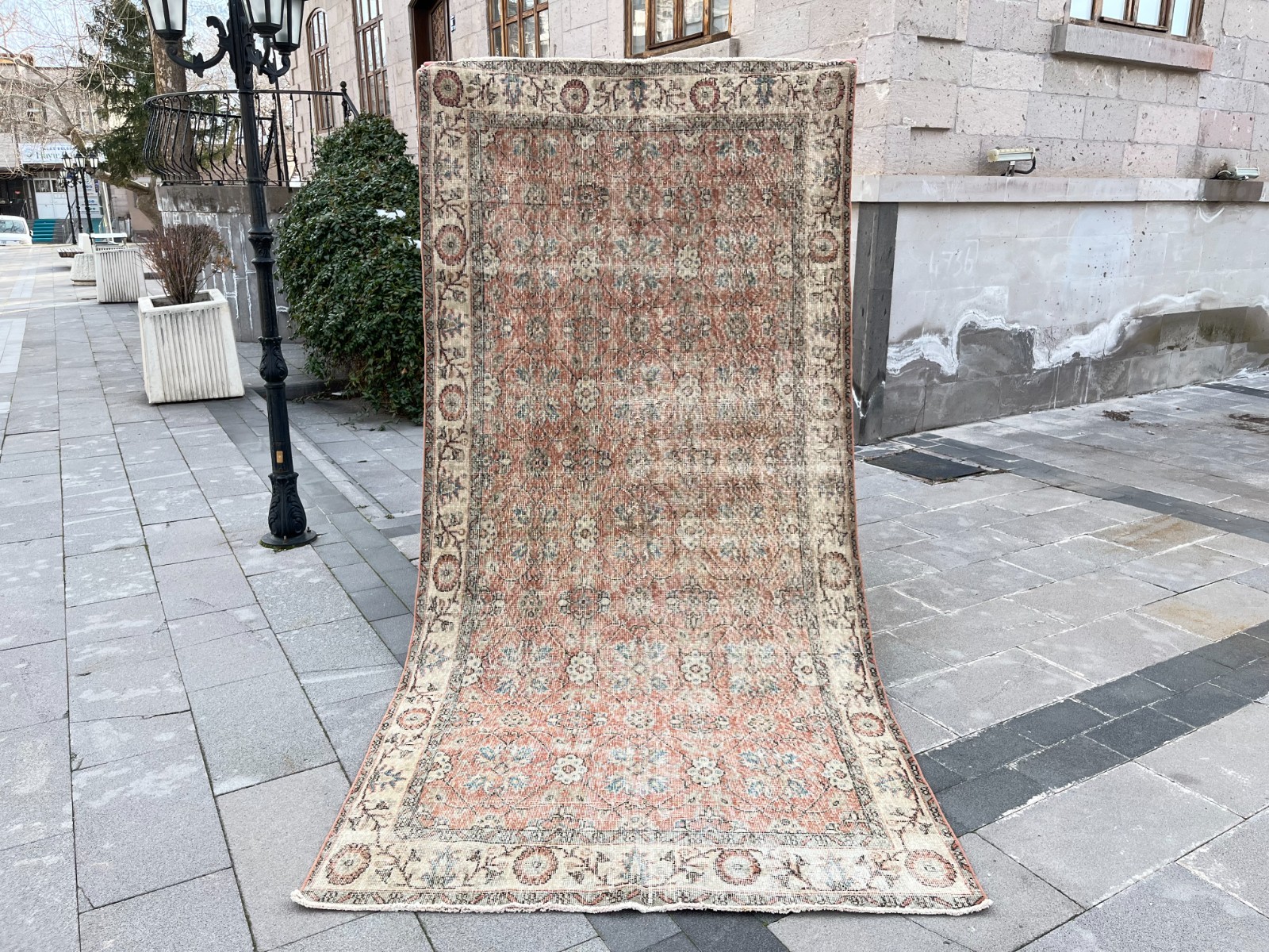 Large Vintage Turkish Oushak Rug 4.7x10 ft Handmade Wool Distressed Floral