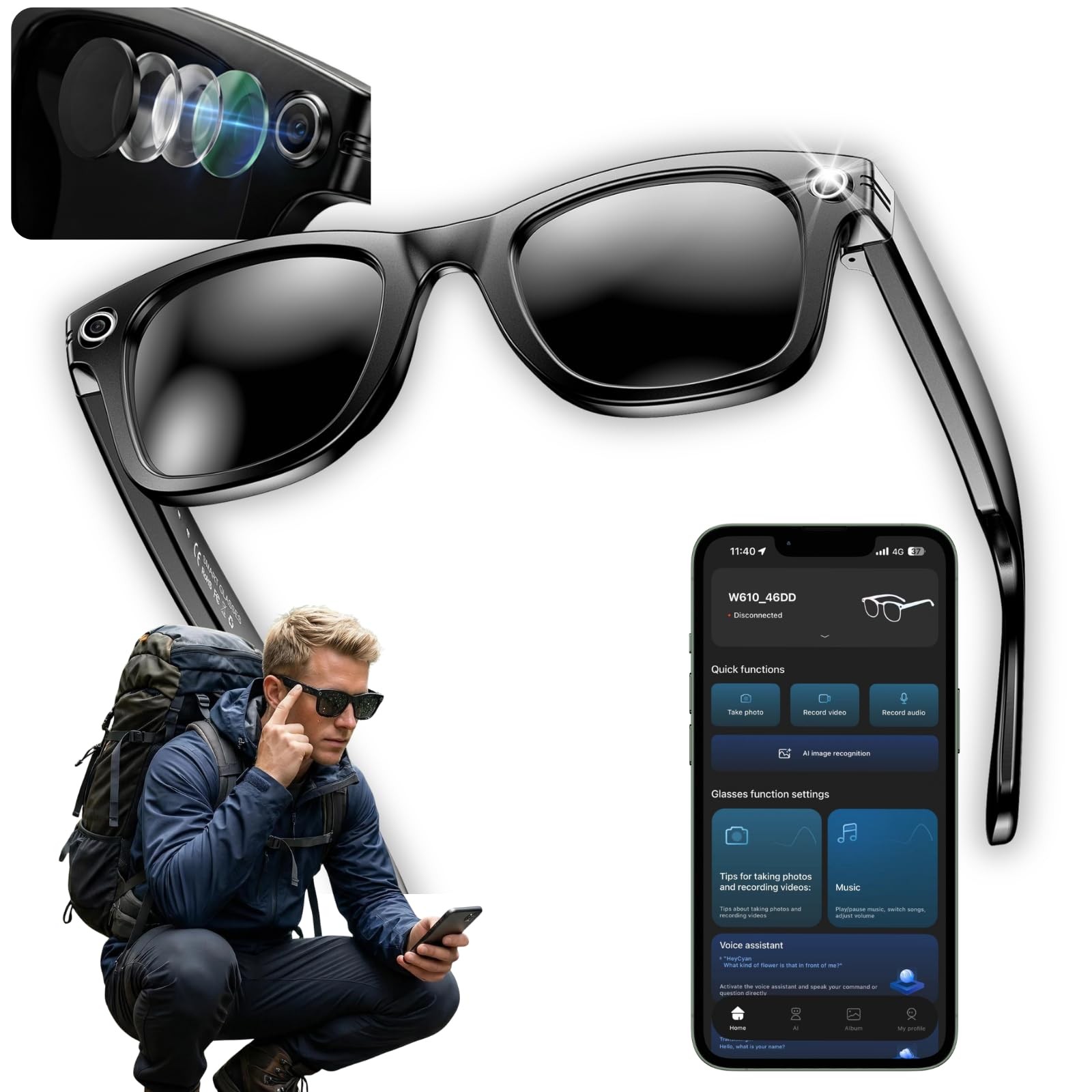 Smart AI Glasses – 8MP Camera with EIS, Free AI Recognition, Real-Time Transl...