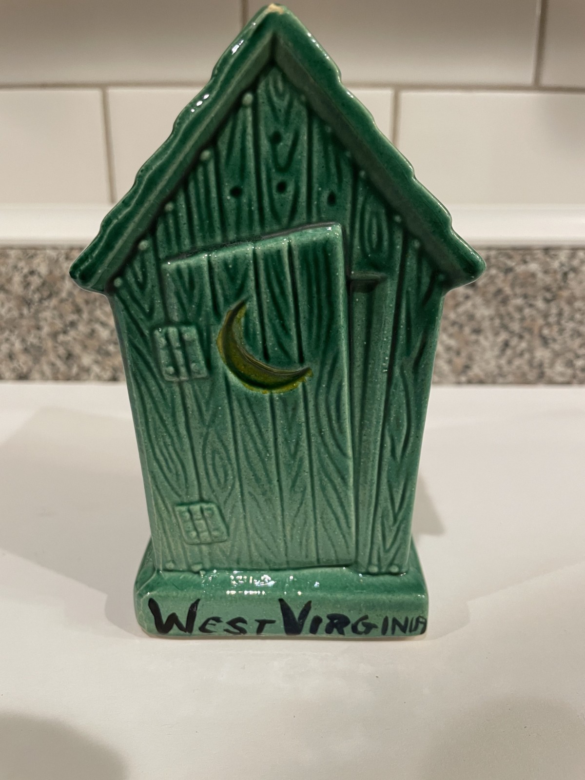 Vintage Green Ceramic Bank For Small Deposits Outhouse Penny Bank 5.5"