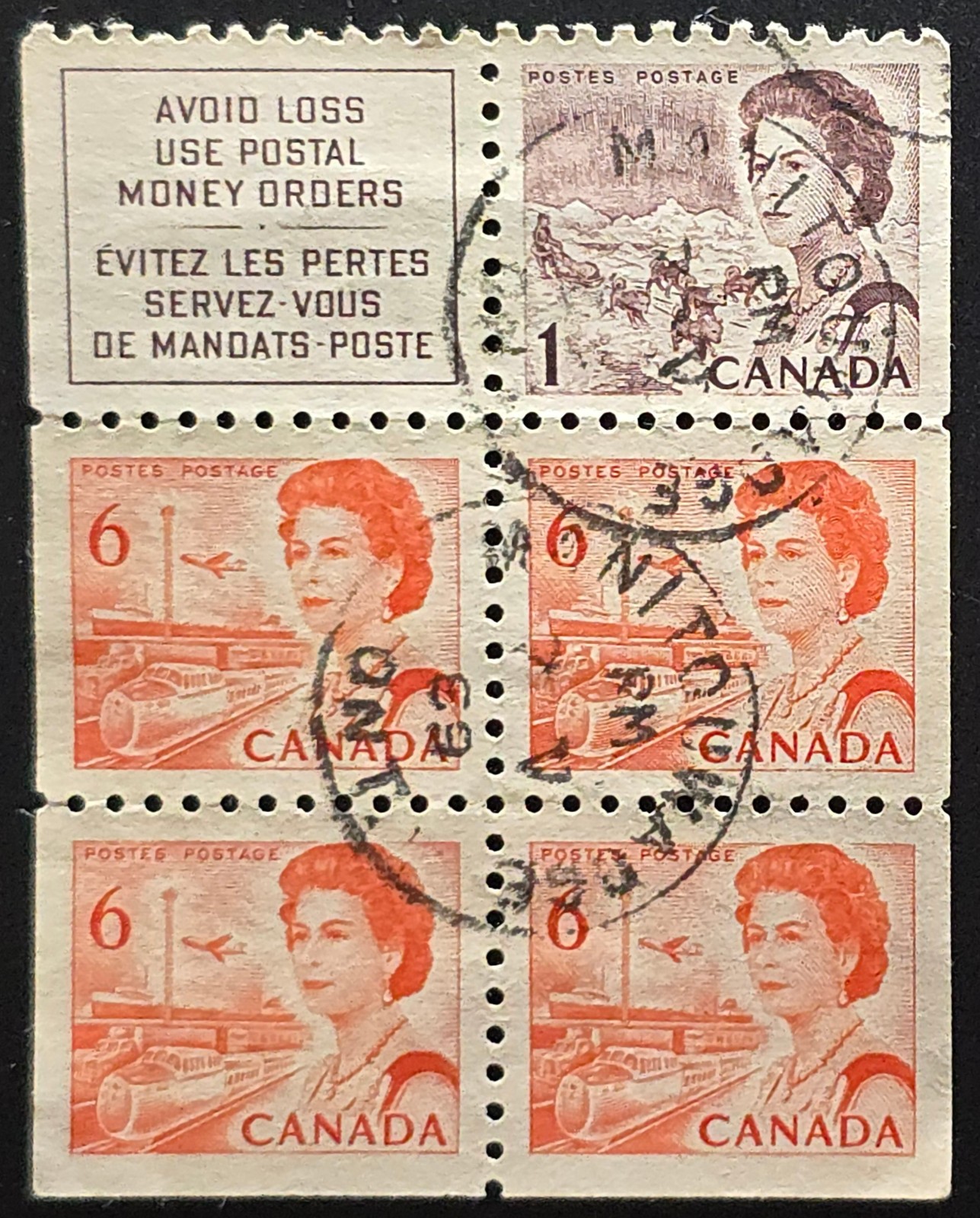 Canada Centennial Used Booklet Pane – 1¢ + Six 6¢ QEII w/ Slogan Label