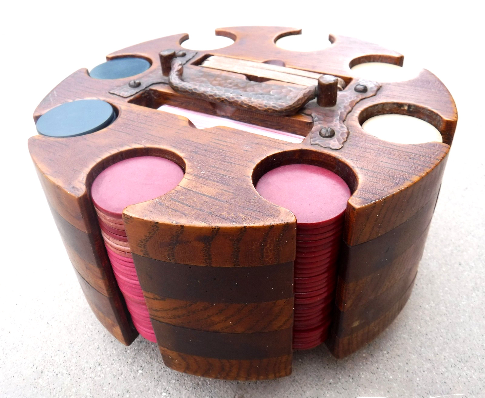 Antique Oak Arts & Crafts Hammered Cover Clay Poker Chips Holder + 2 Old Decks