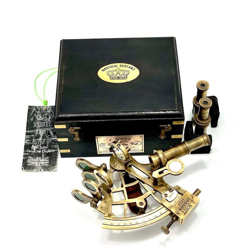 Astrolabe Ship's Instruments With Wooden Box Antique Brass Ship Sextant & Box