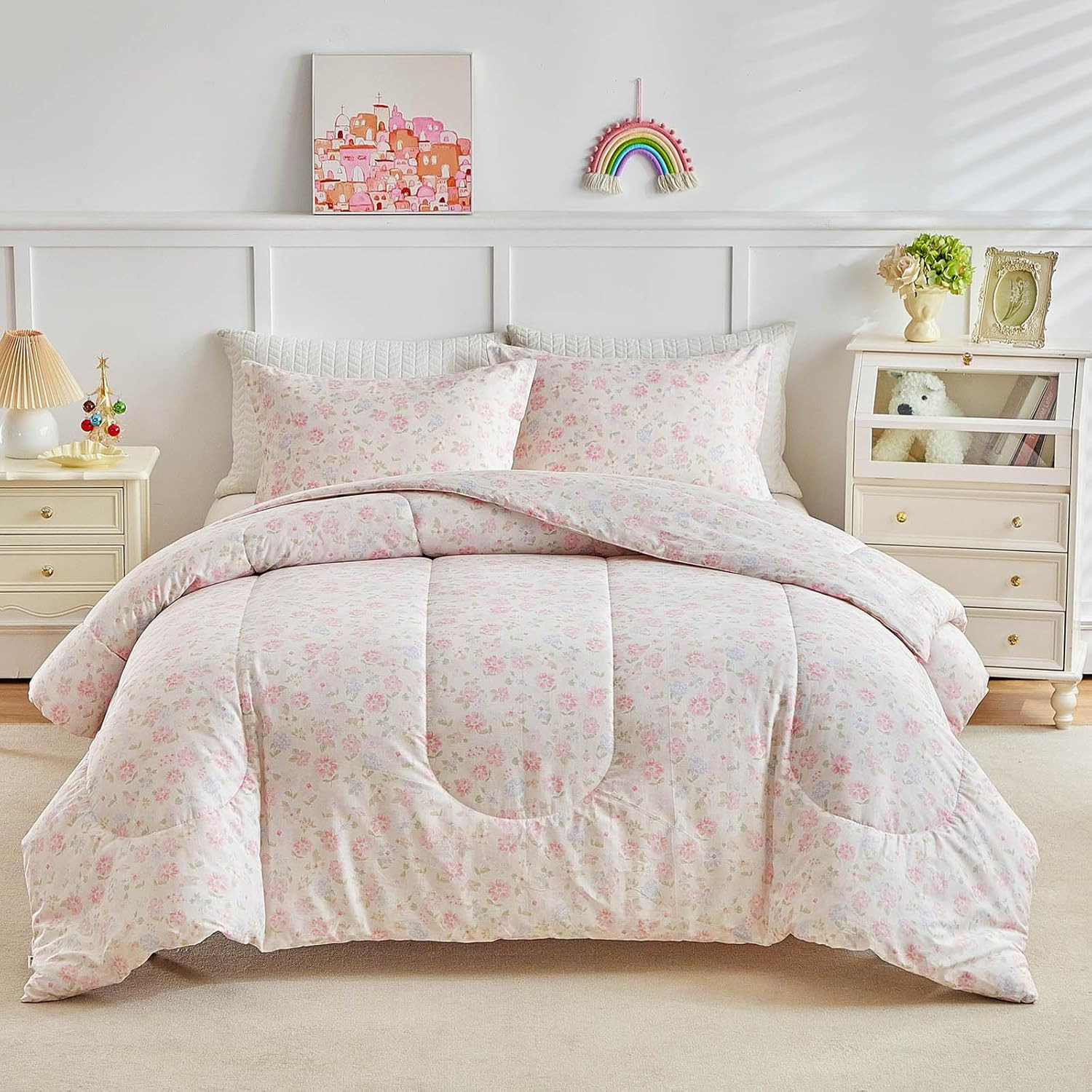 3Pcs Floral Cotton Comforter Set for Girls, Pink N Blue Flowers Lovely Design, Q