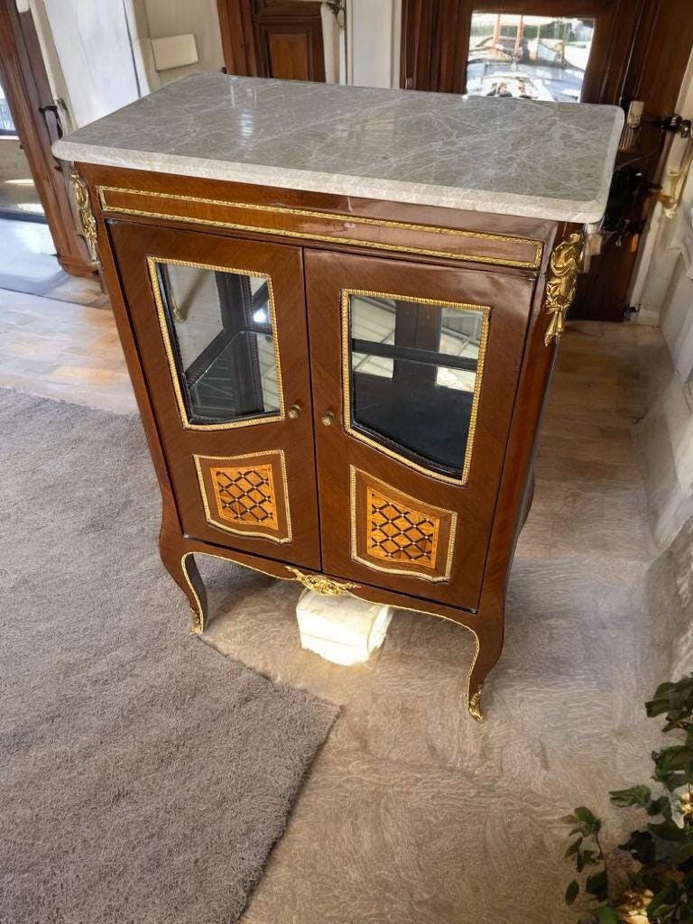 French Louis XV Style Marble Top Cabinet | Elegant Glass Door Display Chest | Vi