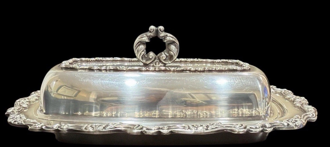 Antique Wm A Rogers Silverplate Butter Dish w Lid Original Glass Insert 1920s