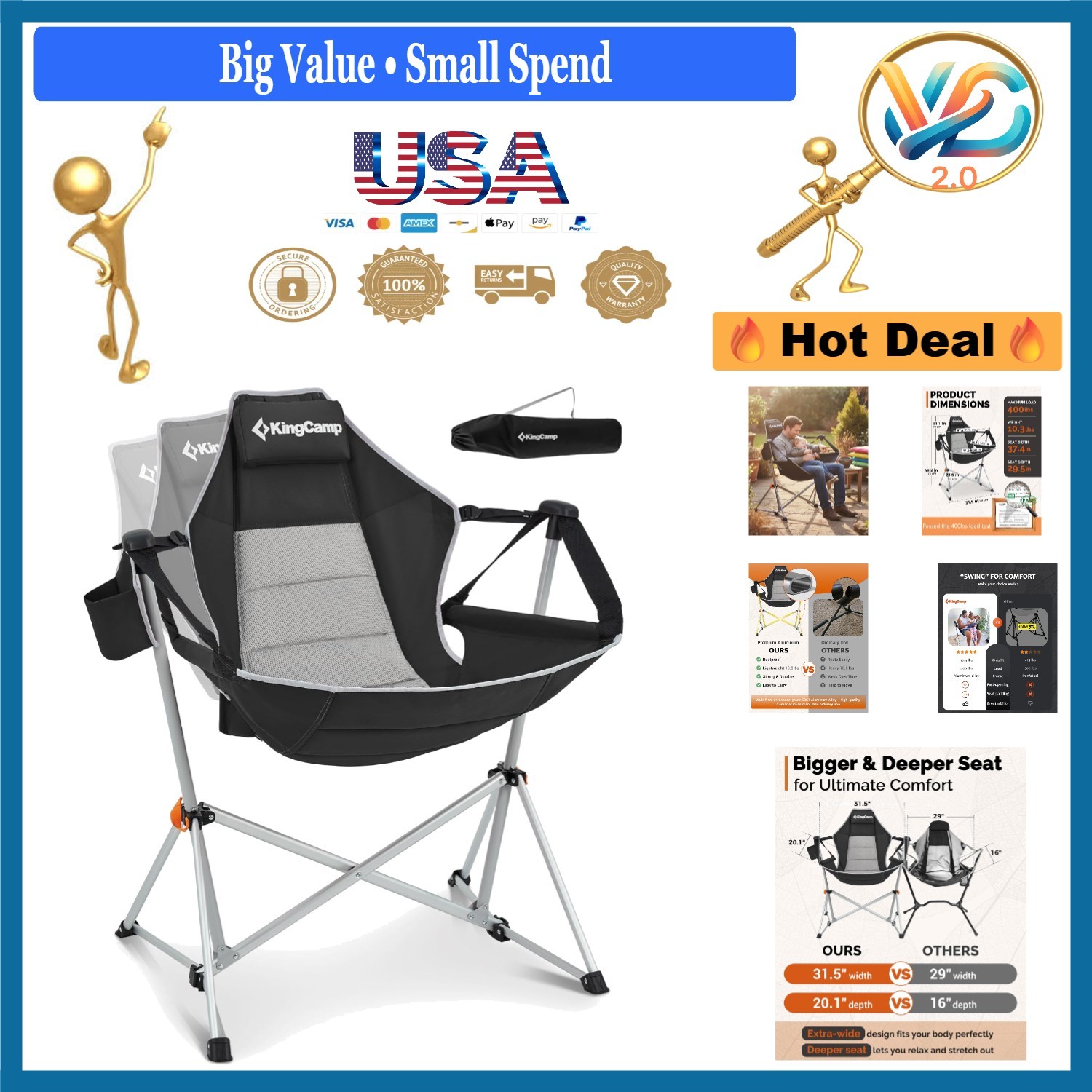 Heavy-Duty Camping Chair 400lbs Oversized Foldable Swing Seat with Cup Holder