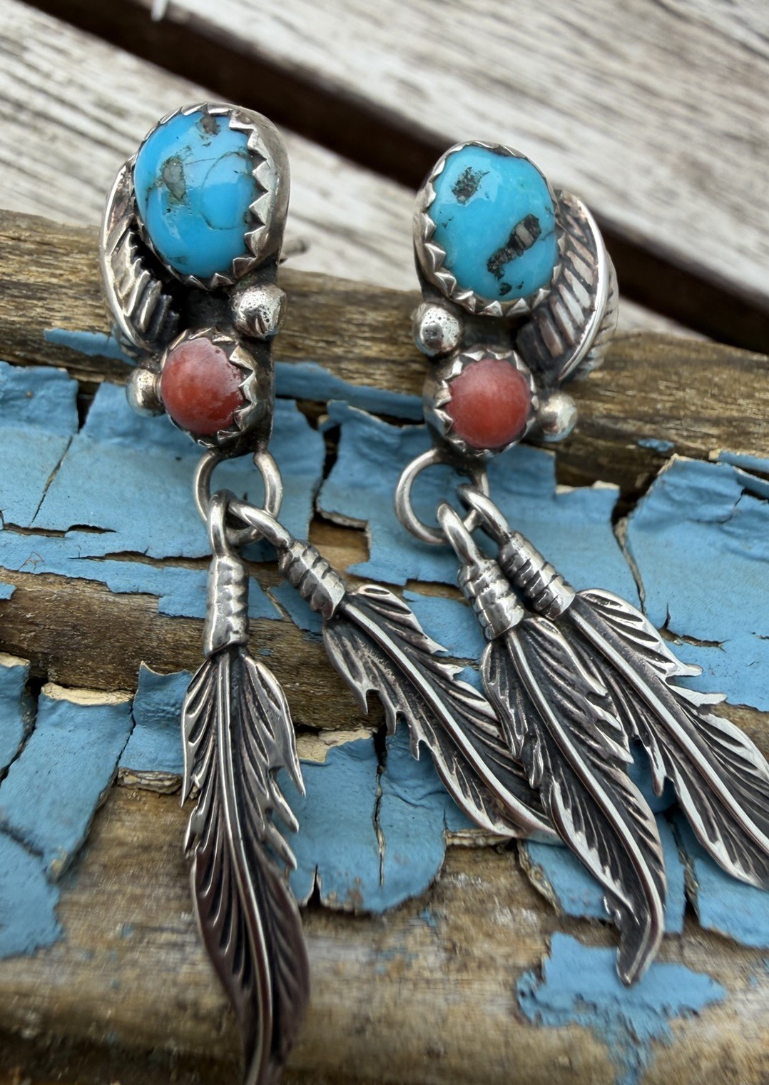 Old Pawn Navajo Turquoise Coral Sterling Silver Feather Dangle Earrings Vintage