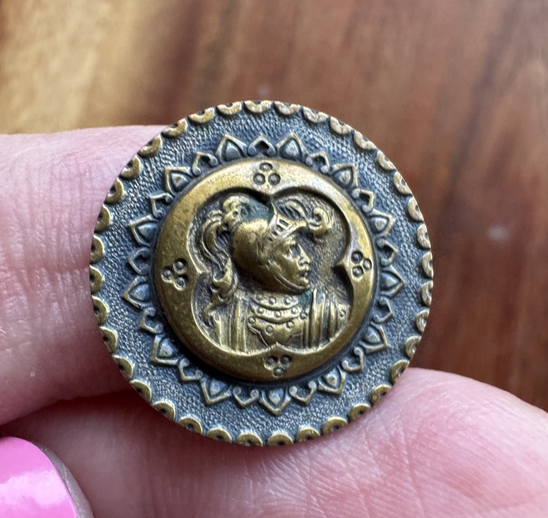 Antique Vintage Brass Metal French King Arthur Knight Picture Button 0.75” Paris