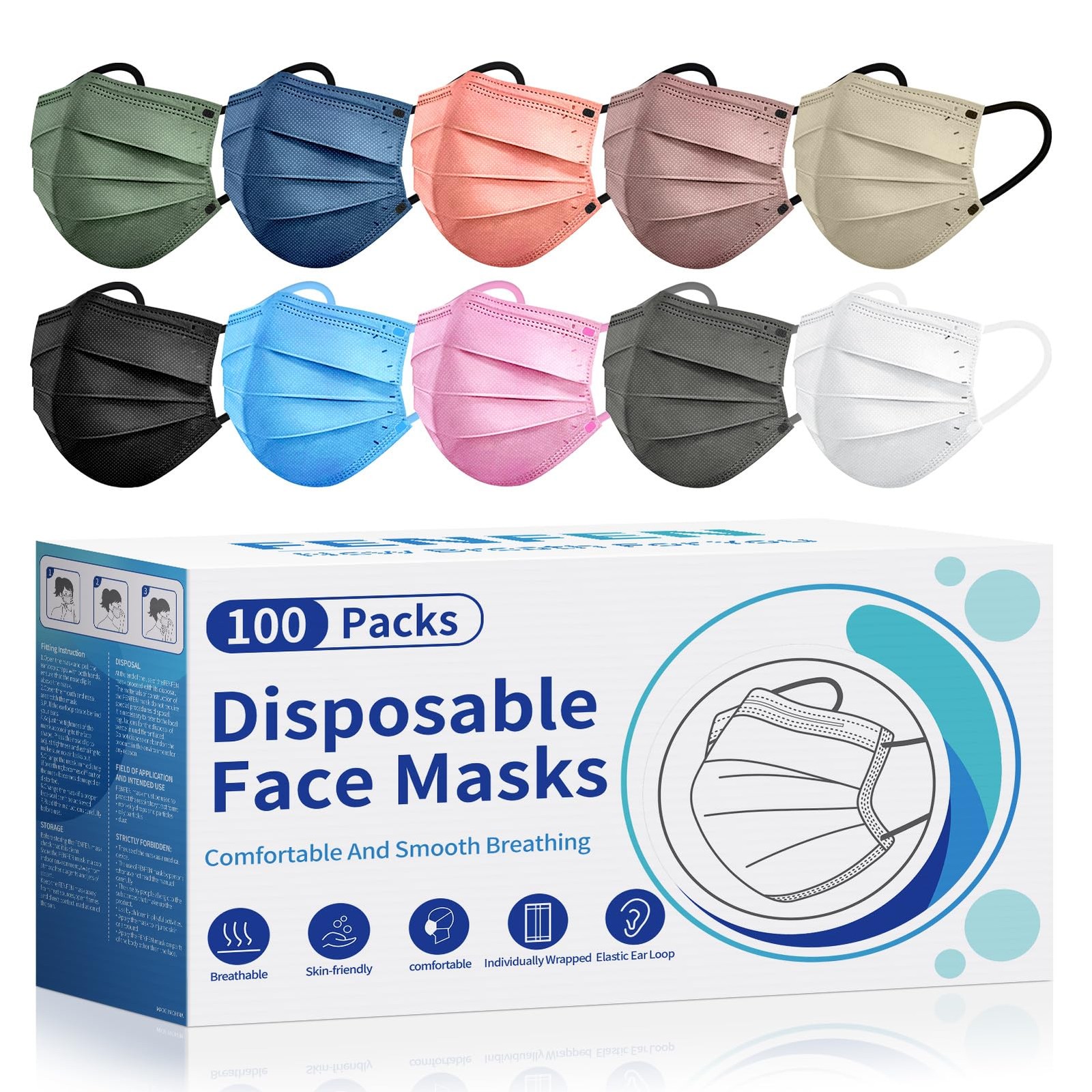 Disposable Face Mask for Adults 100 Pack 4-Ply Safety Travel Protection