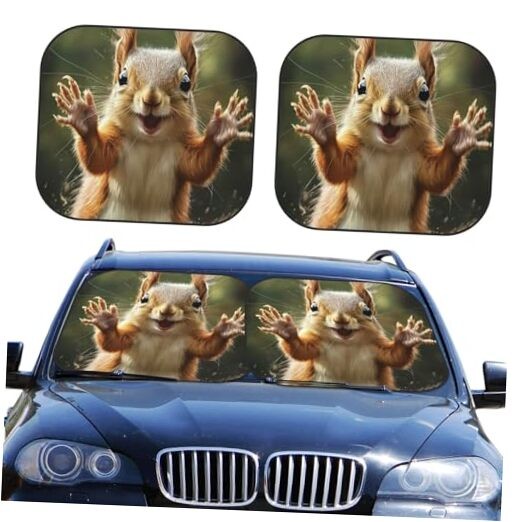  Funny Animal Meets Car Windshield Sun Shade, 2-Piece Foldable Small Squirrel