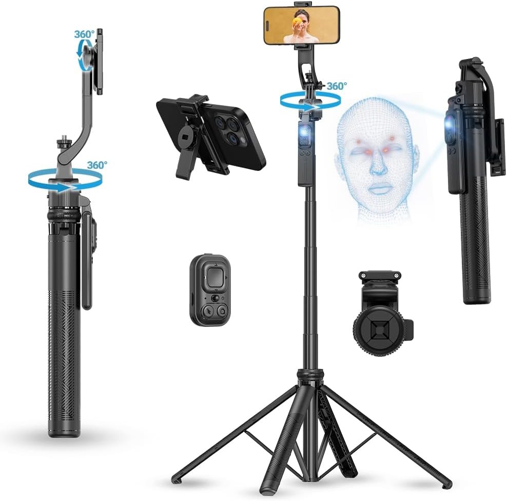 64" AI Face Tracking Tripod W/ Gesture Control 360° Rotating Selfie Stick Adjust