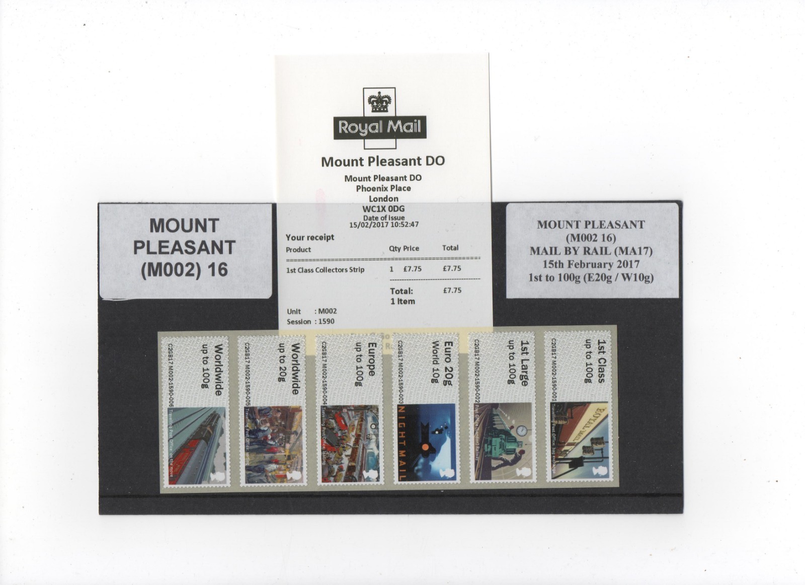 POST GO MPLEASANT EO/DO M002 MAIL BY RAIL COLLECTOR STRIP of 6 to 100g/DV SCARCE