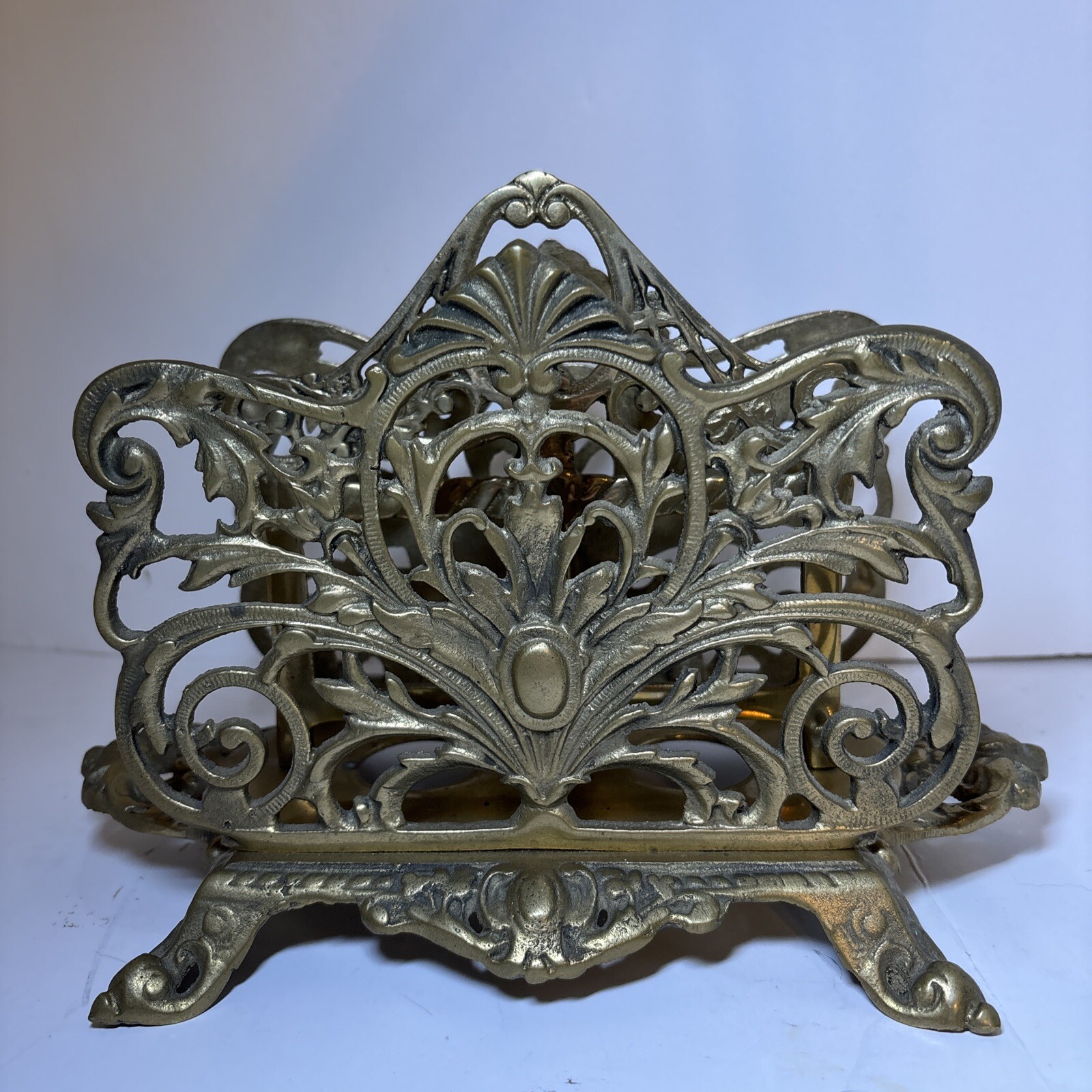 Vintage Brass Letter Napkin Holder Cast Acanthus Scroll Footed Hubbard Style