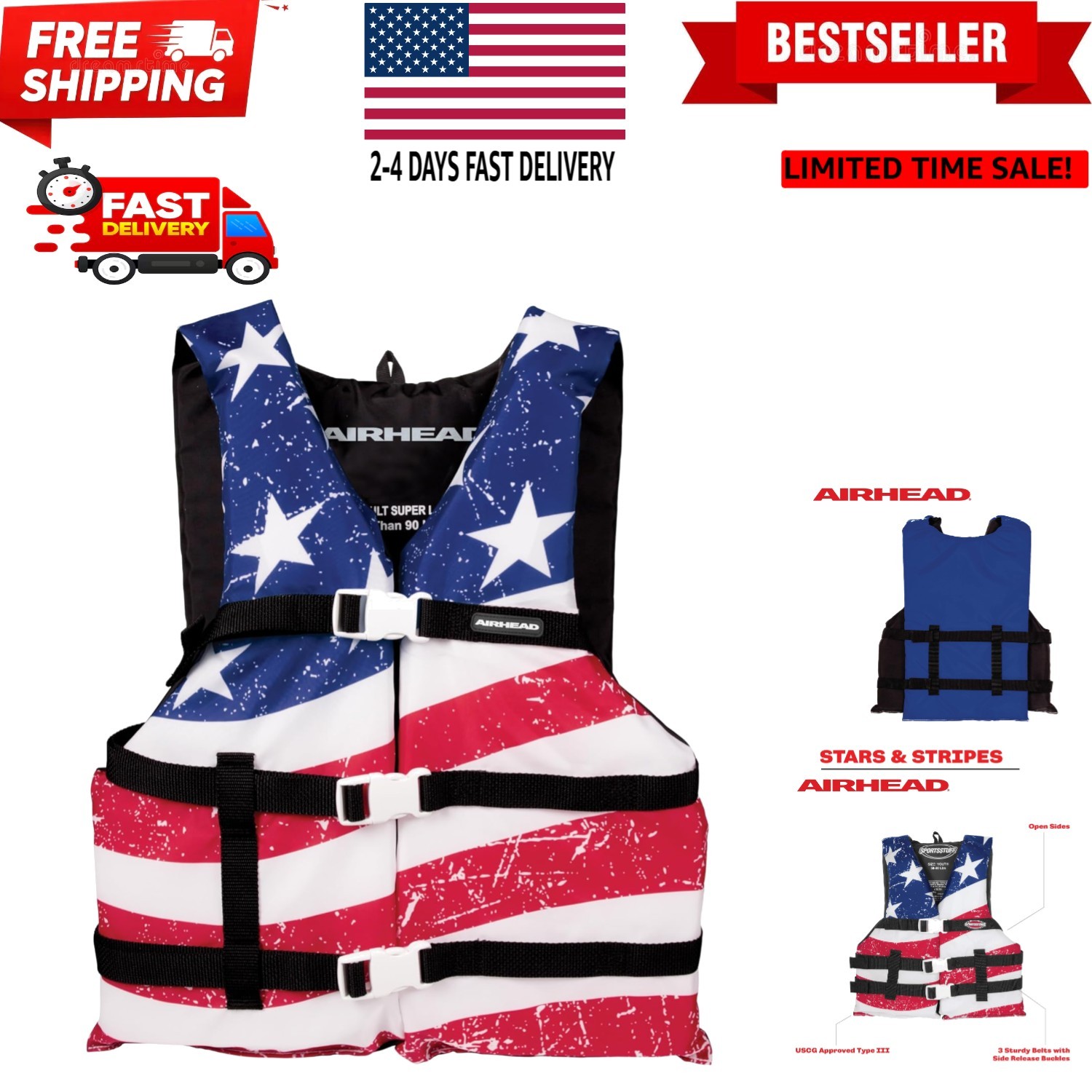 Sportstuff Type III Life Jacket  Coast Guard Approved Open Sides with 3 Body ...