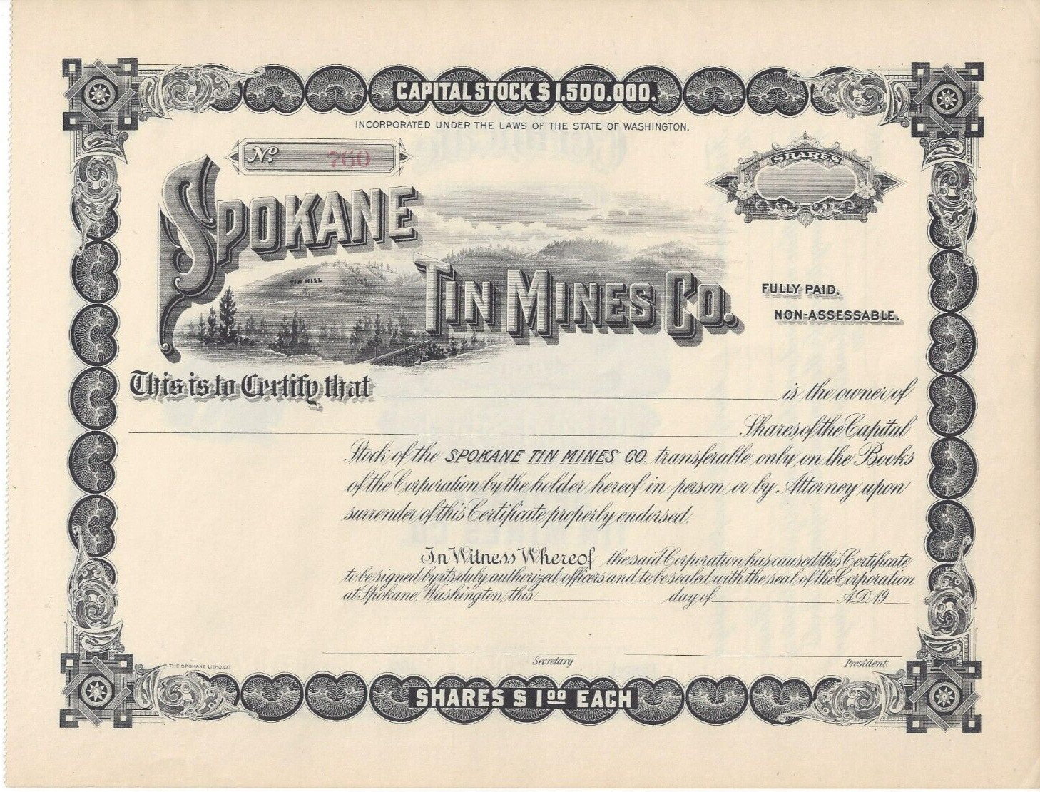 Original Spokane Tin Mining Company Stock Certificate Tin Hill Spokane Wash.