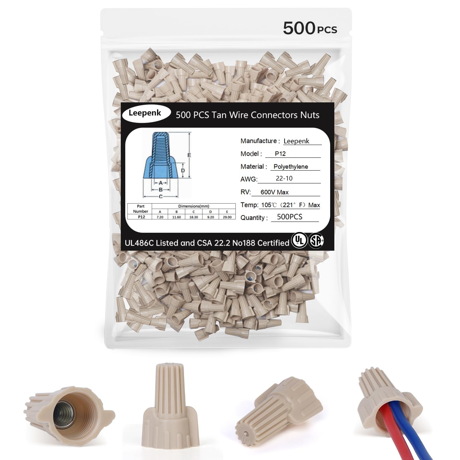 Tan Wire Nuts Connectors P12 22-10AWG Twist Wire Caps Electrical Wire Connect...