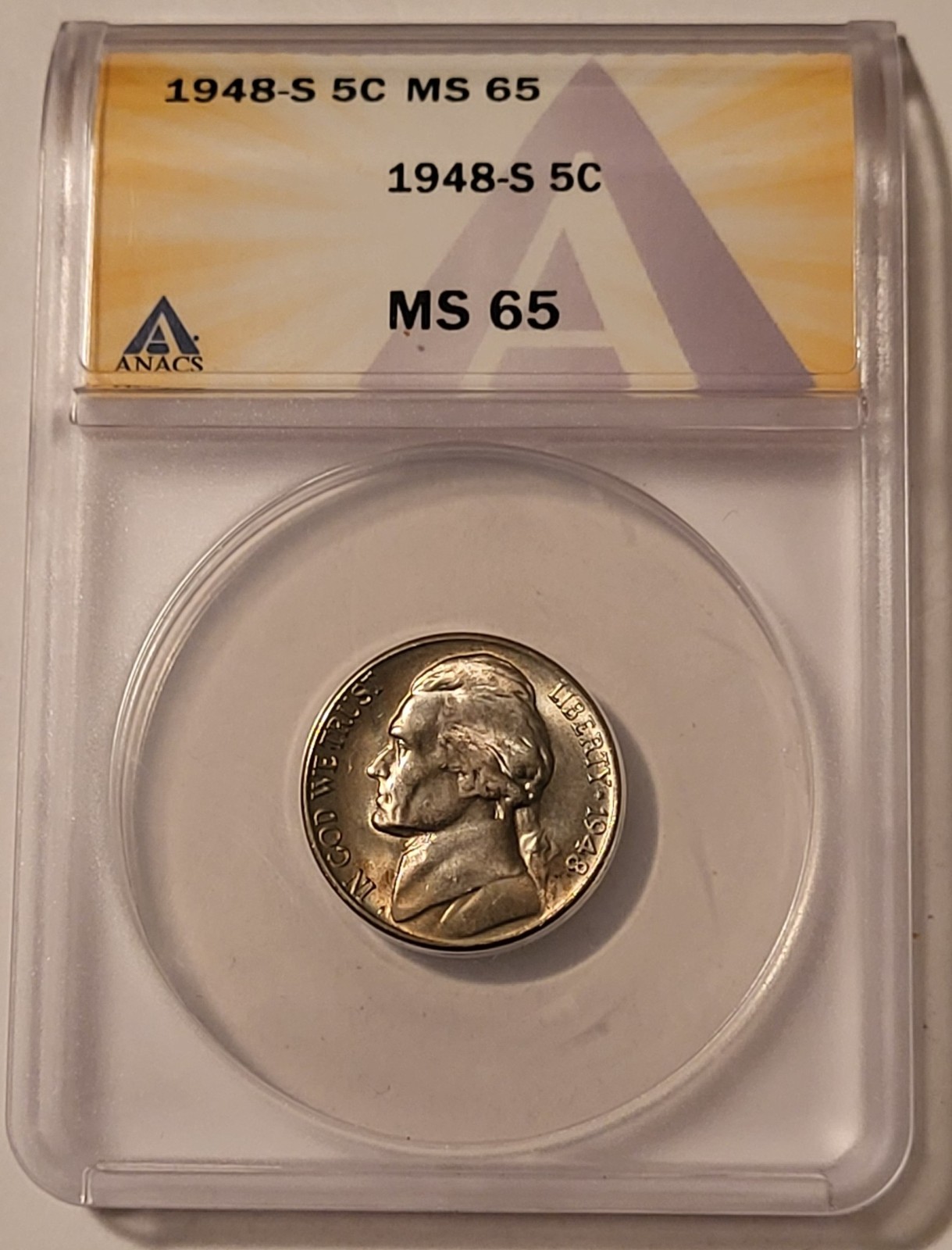 1948 S Jefferson Nickel MS65 ANACS Toning
