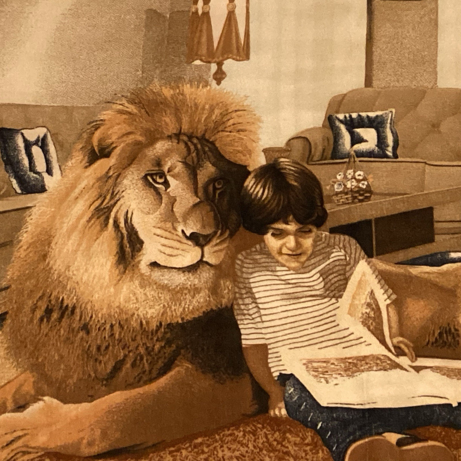 VTG Turkish velvet nursery wall hanging art Narnia Boy Reading Book Lion 58x48