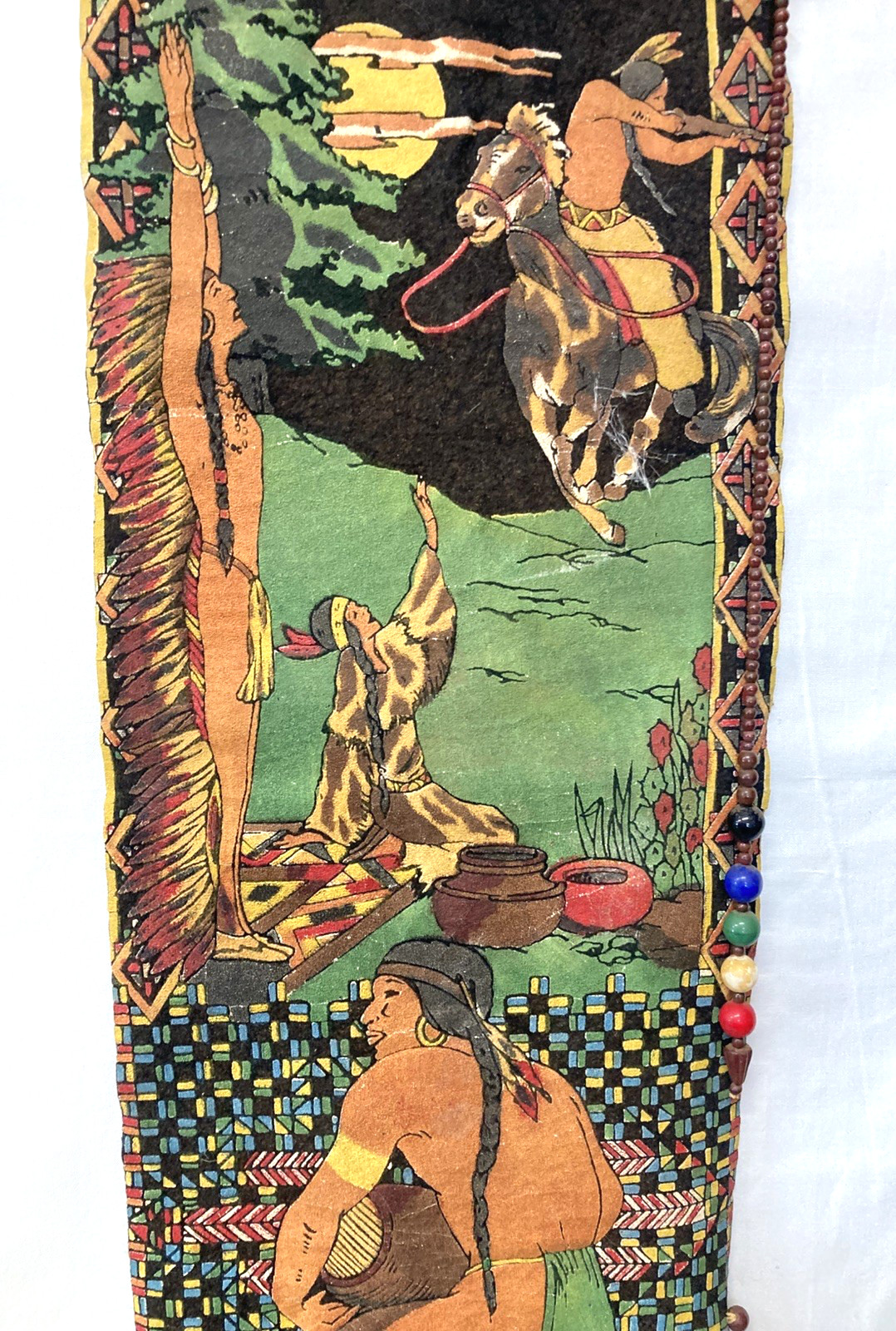 Vintage Native American Indian Western Fabric Wall Hanging Panel W/ Beads 8"x23"