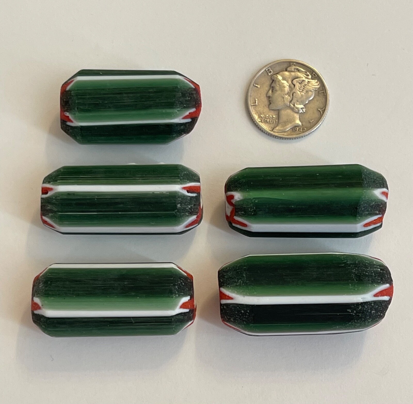 Extra Large Green Watermelon Chevron Glass African Trade Beads