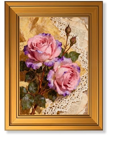 Vintage Gold Framed Canvas Wall Art Pink Flower Rose Oil 11"L x 9"W canvas2