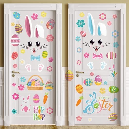  4 Pcs Happy Door Stickers Refrigerator Flower Egg Bunny Rabbit Wall Easter