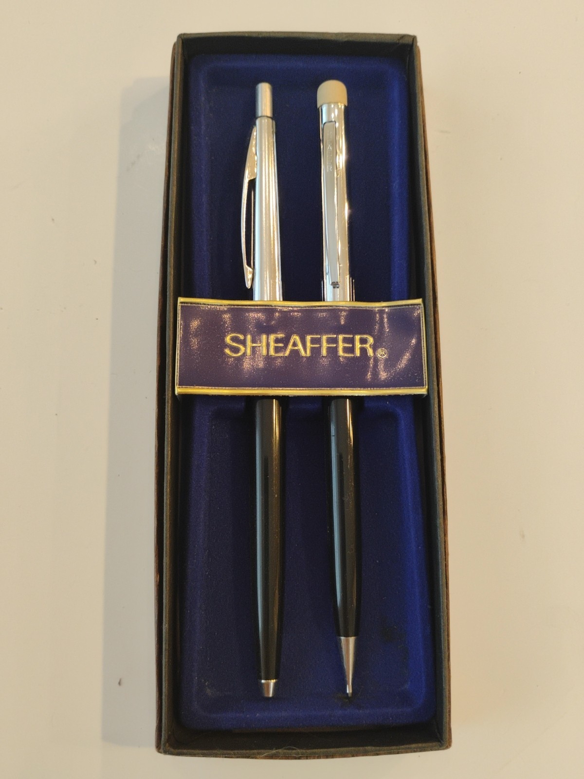 Vintage Sheaffer Ballpoint Pen Mechanical Pencil Set Black Plastic & Chrome 