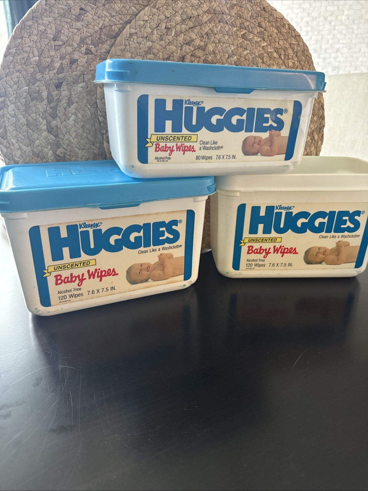 3 HUGGIES Vintage Baby Wipes TUB- Plastic Container or PROP 90’s  2 Blue Tops