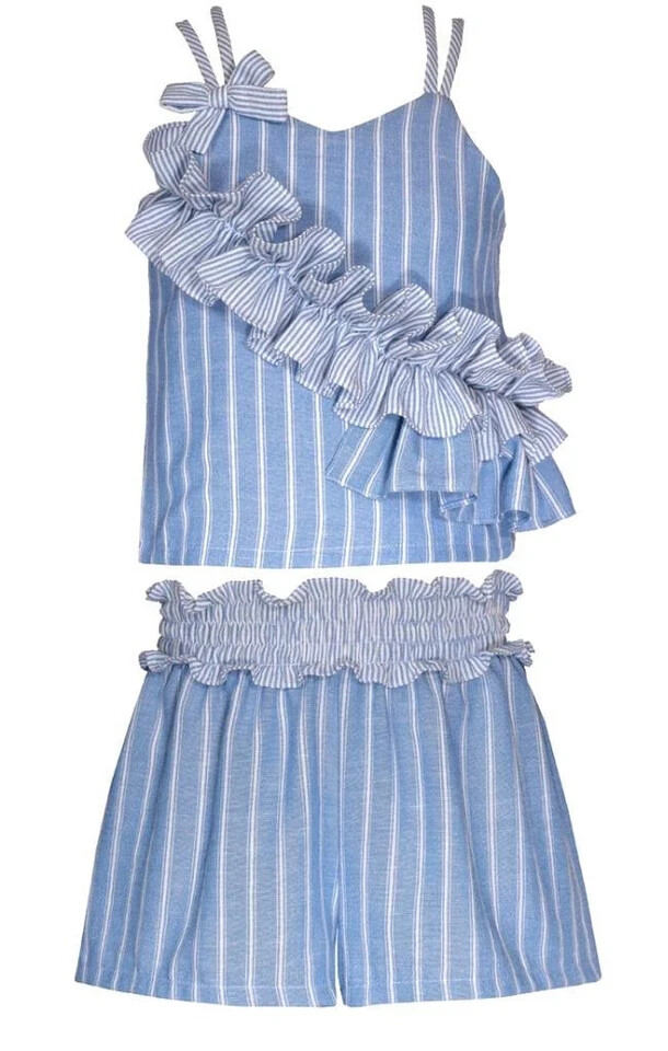 NWT Bonnie Jean Girls Striped Ruffle Shorts Set Size 4 Blue White Outfit