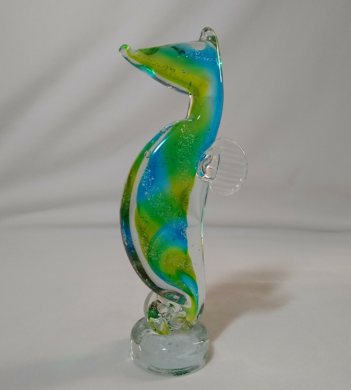Hand Blown Glass Blue Yellow Sea Horse Figure / Paper Weight 8 Inches Tall