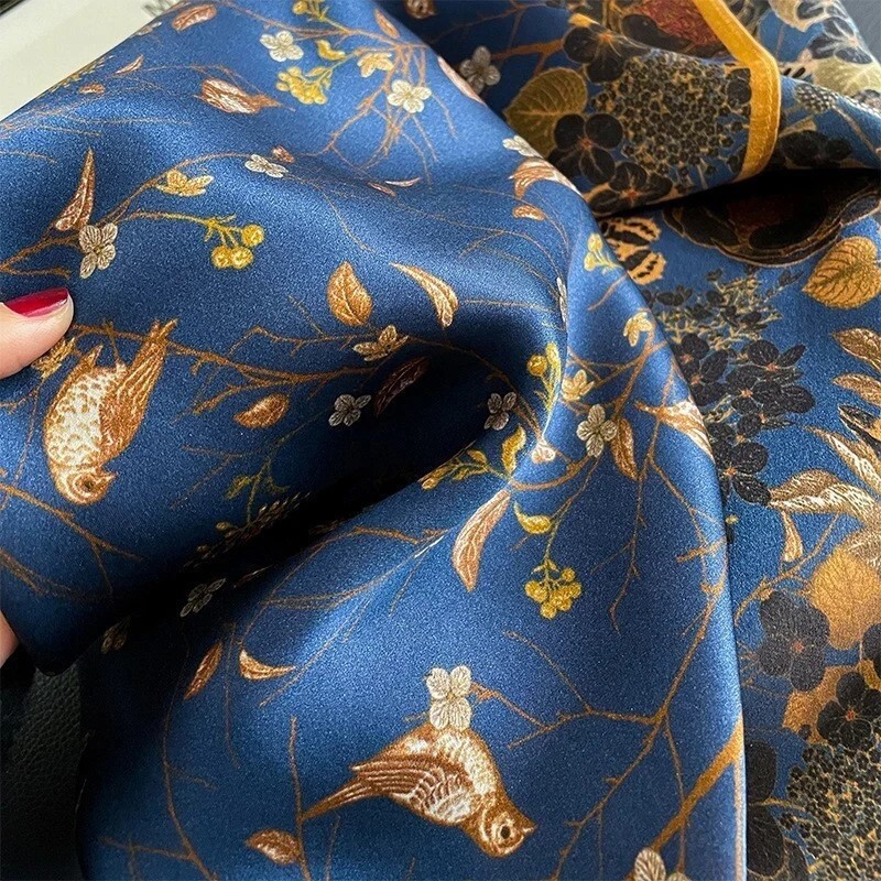 100% Silk Scarf Women Vintage Blue Leaves Kerchief Square Bandana Wrap 68*68cm