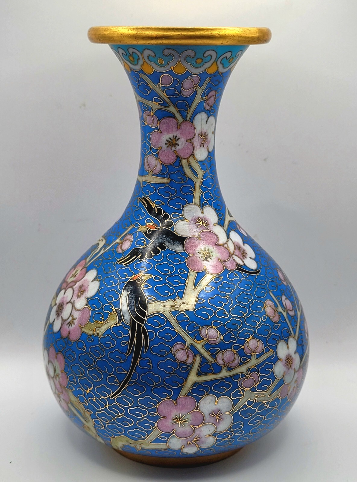 Japanese Style Cloisonné Vase Brass Blue Pink Cherry Blossom Birds Vintage 6"