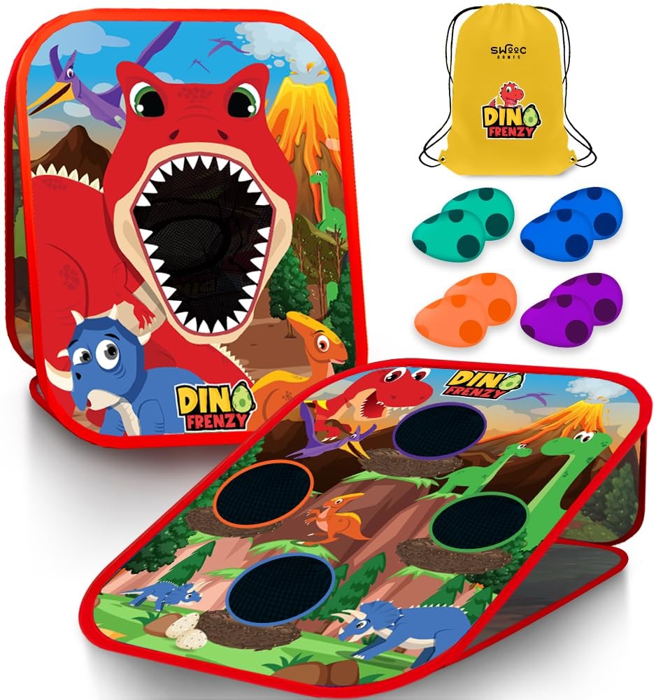 Swooc Games Dino Frenzy 2-in-1 Cornhole Game for Kids - 5 Second Setup