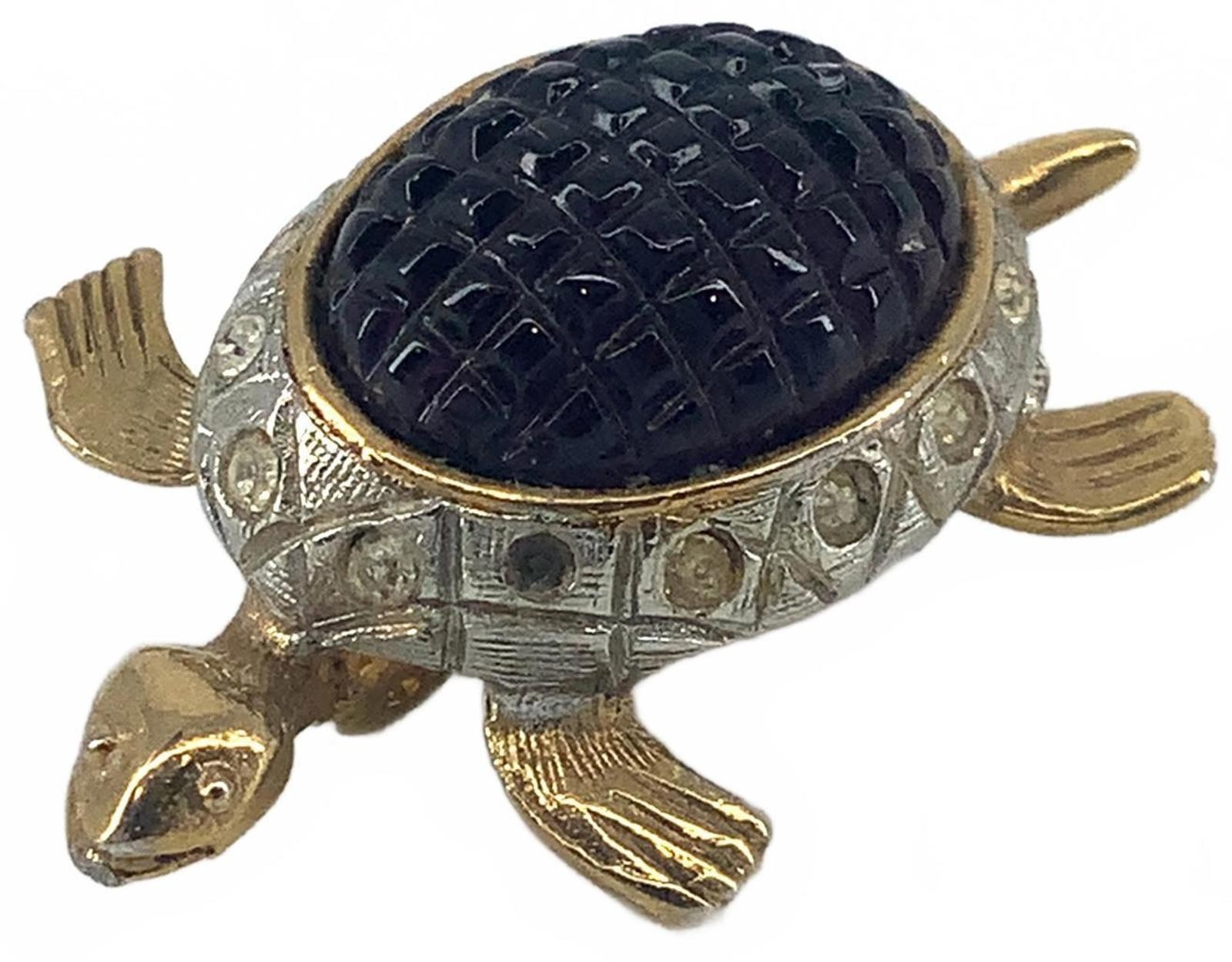 Vintage Glass Mid Century Turtle Brooch Gold Tone Rhinestone Animal Pin Small