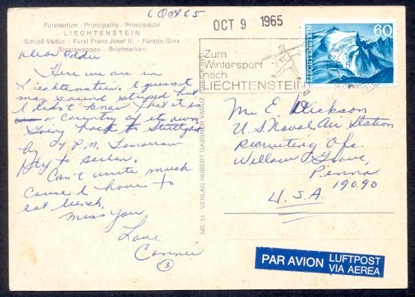 LIECHTENSTEIN 1965 STAMP PPC TO USA