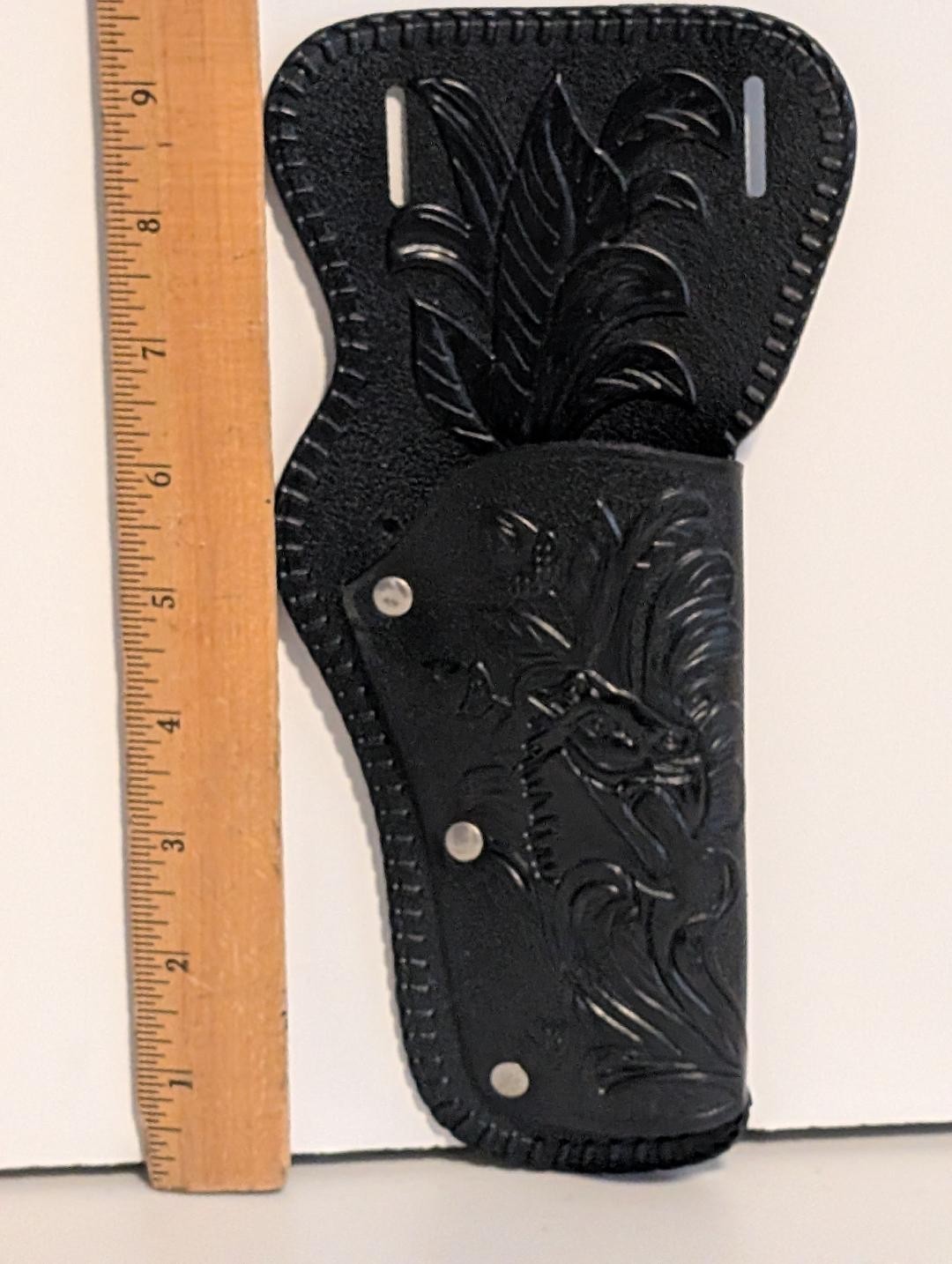 Replacement Vinyl with Rivets Cowboy Toy Gun Holster -Black with Horse Engraving