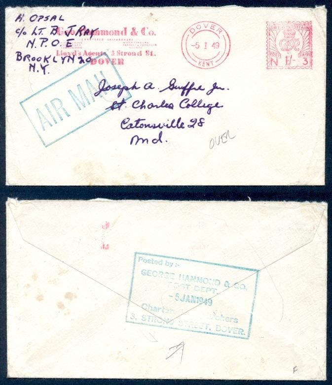 UK G HAMMOND 1949 POSTAL AGENT AIR TO USA