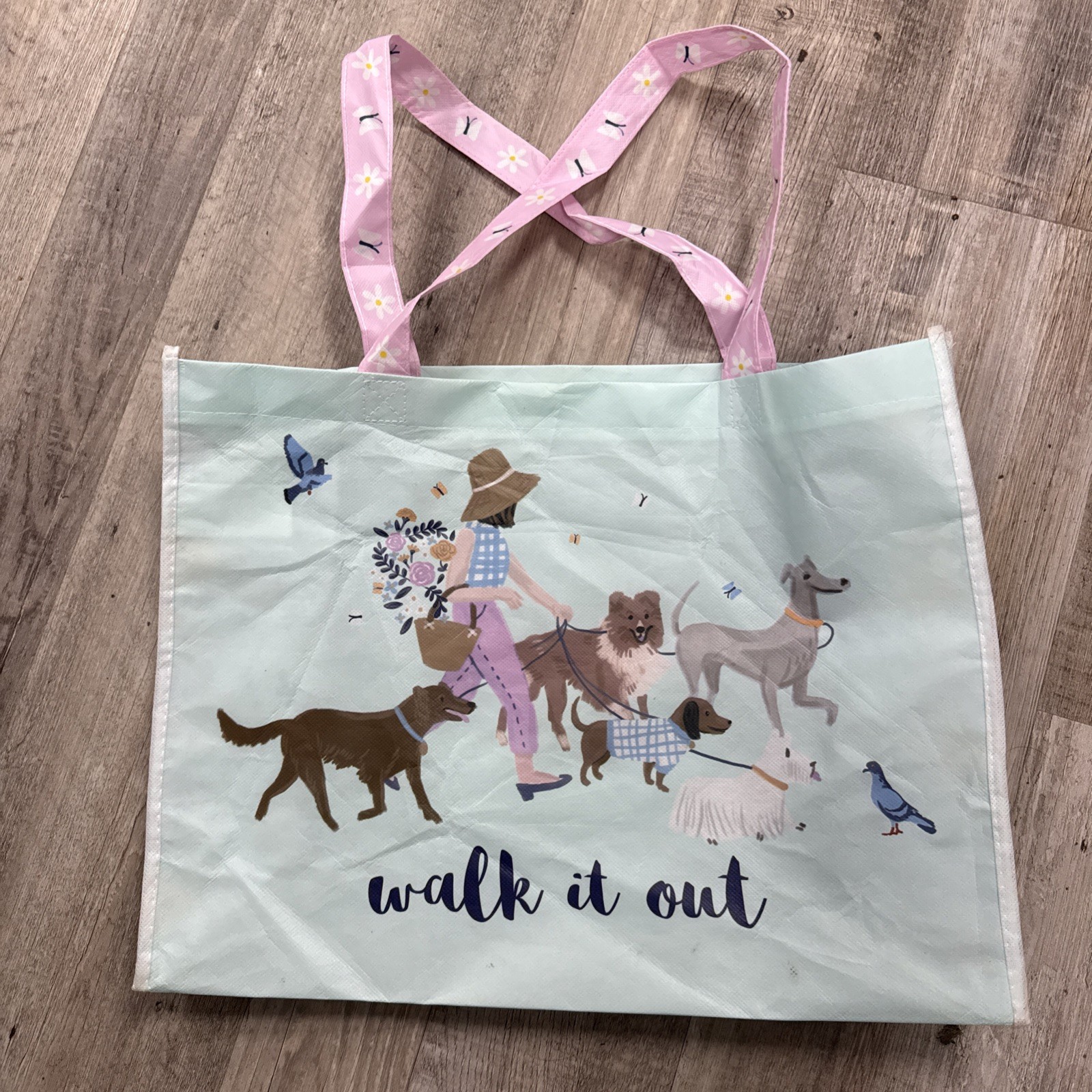 Joann Fabrics Reusable Shopping Bag "Walk It Out" Multiple Dogs Cute Floral