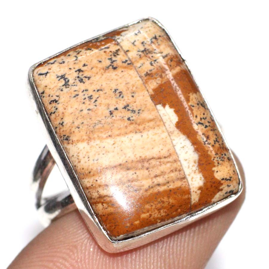 925 Silver Plated Picture Jasper Ring Handmade Gemstone Size US 10.5 JW