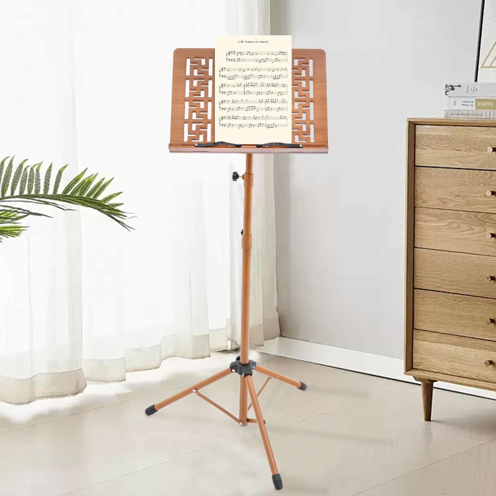 Portable Lightweight Hollow-out Folding Tripod Sheet Music Stand Bamboo+Metal