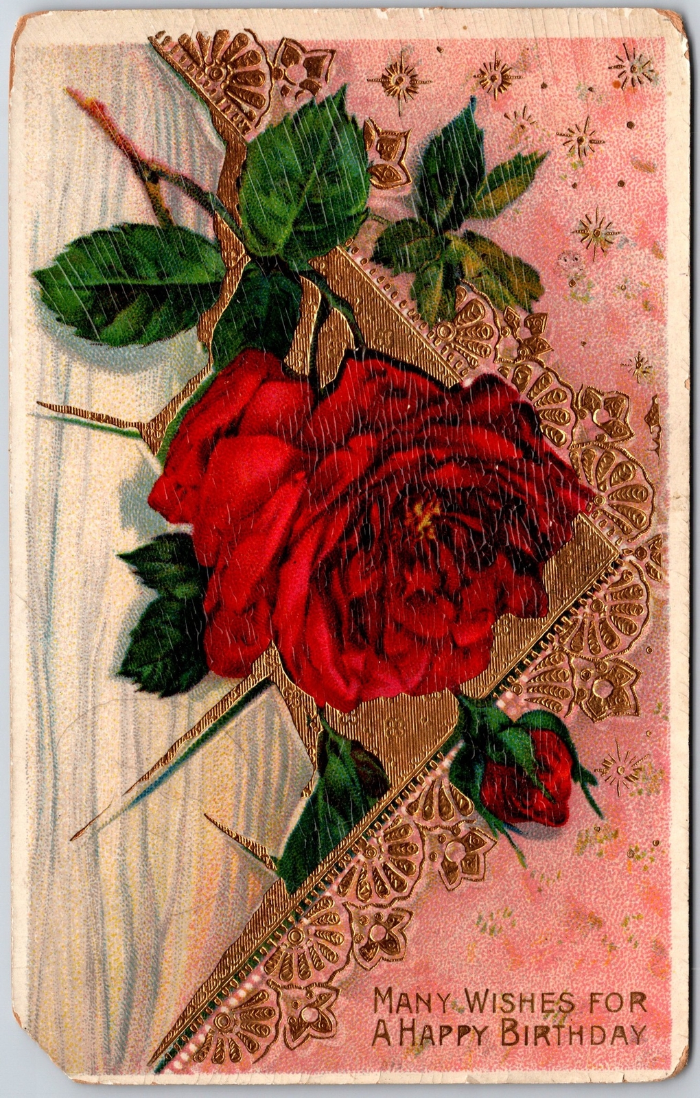 1911 Red Rose Flower Embossed Greetings & Wishes Posted Postcard