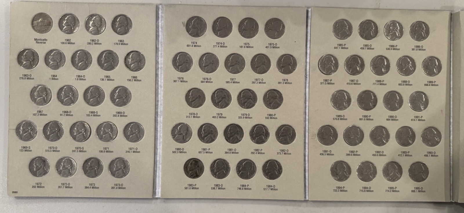 1962-1995 Complete (66 Coins) Jefferson Nickel Coin Folder Album By H.E. Harris