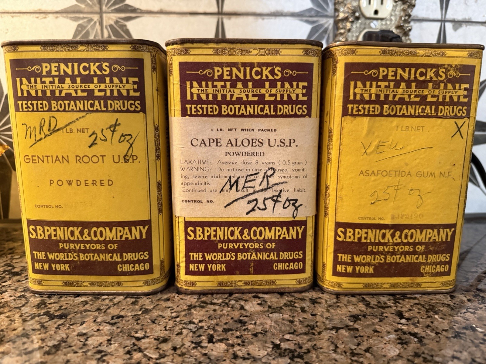 Antique Penick Botanical Drug Tins Gentian Cape Aloes Asafoetida