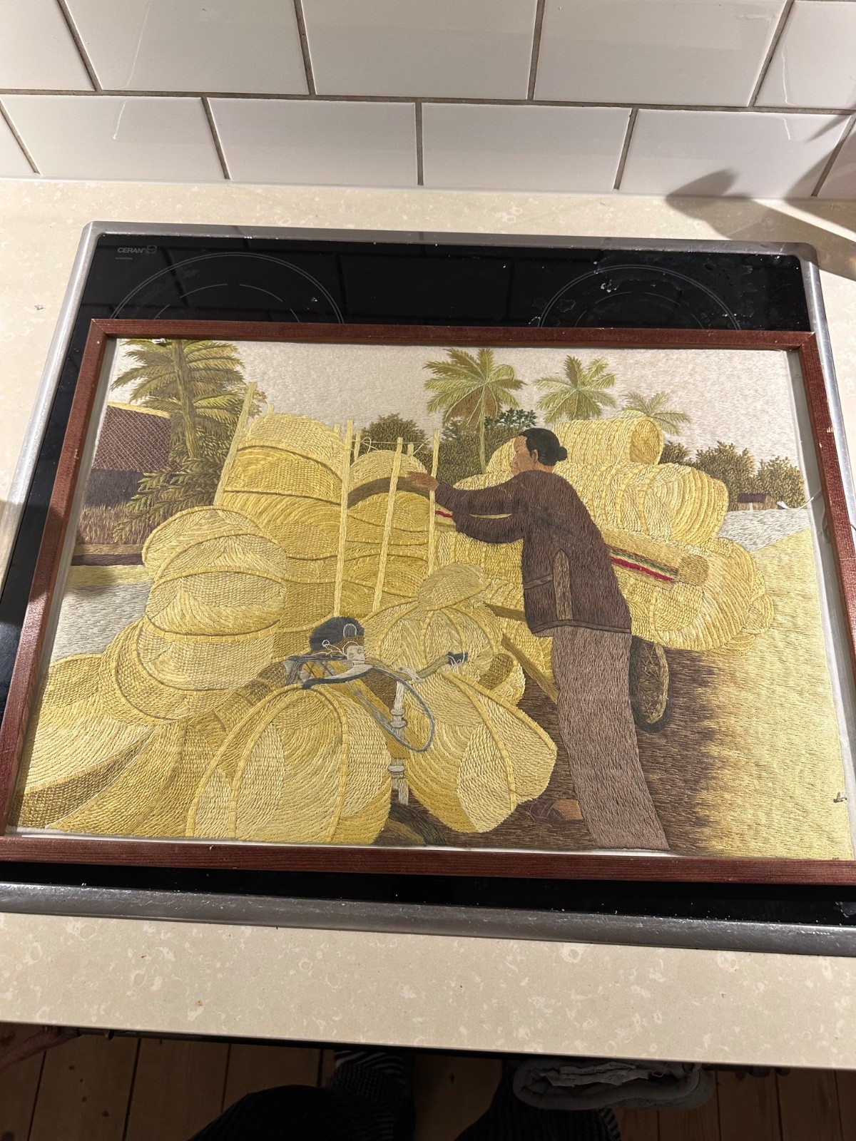 Vintage Handmade Straw Art Picture – Asian Rural Scene Woman with Bicycle – Fram