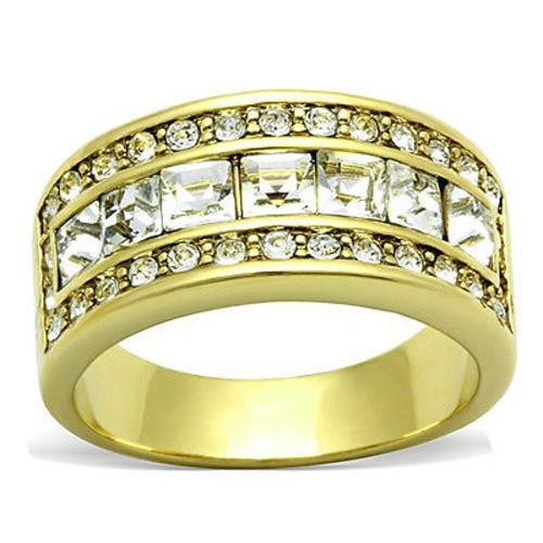 Pave Anniversary Ring Crystal Wedding Band Stainless Steel Gold IP Sz 5 6 7 8 10