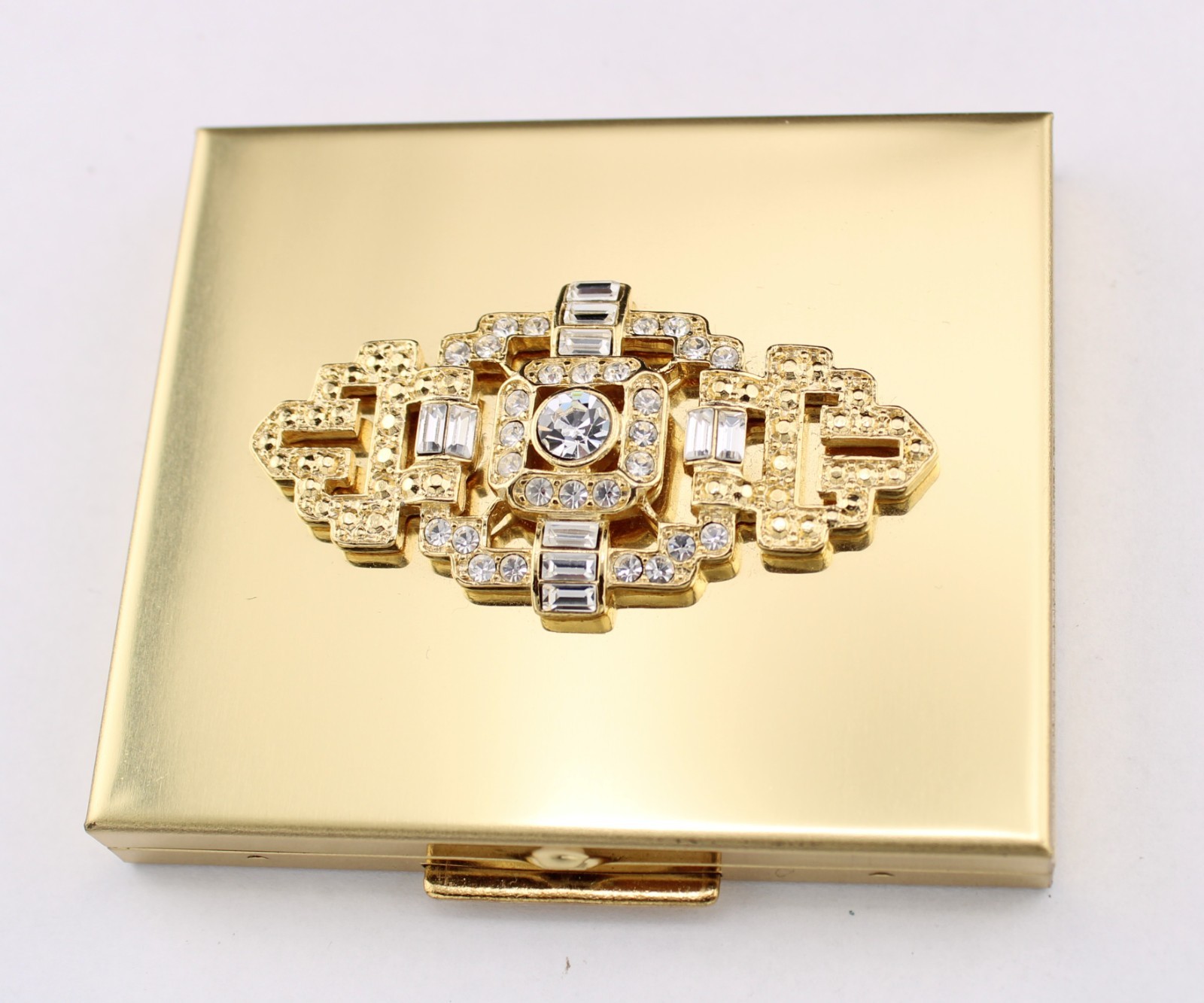 Signed Kirks Folly Art Deco Crystal Rhinestone Compact Gold Plated MINT