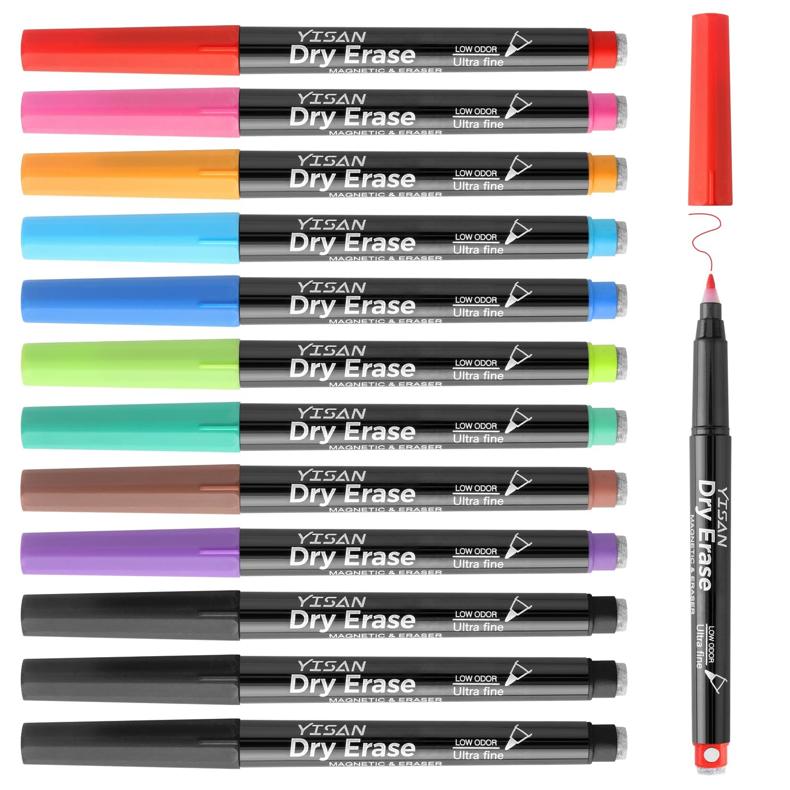 YISAN Dry Erase Markers Ultra Fine Tip,0.7mm 1 Count (Pack of 12), Multicolor 