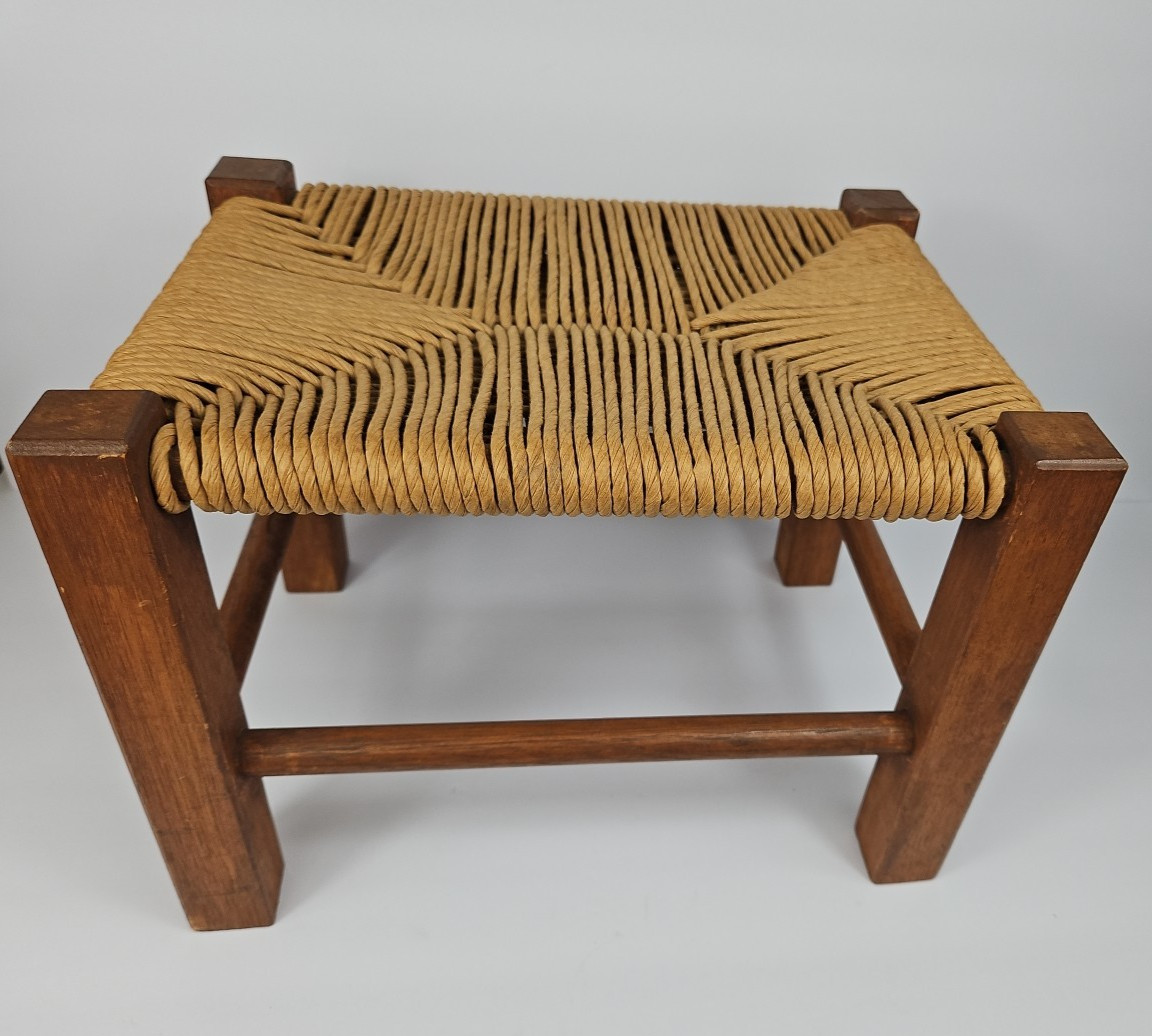 Vintage Wood/rush Top Stool Bohemian Rustic Farmhouse Foot Stool Hand Weaved