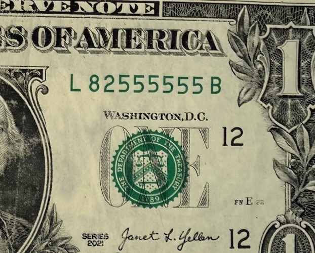 2021 $1 Dollar Federal Reserve Note Fancy Serial Number 82555555, 6 in a Row 5s