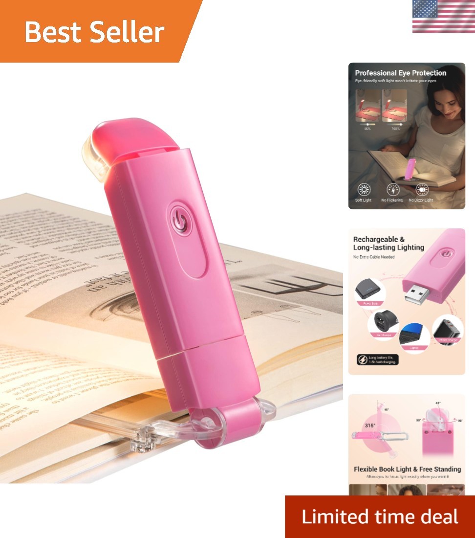 USB Rechargeable Pink Book Light - Adjustable Brightness for Cozy Night Reading